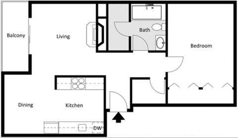 Floor plan for 1 bed, 1 bath, 666 sqft